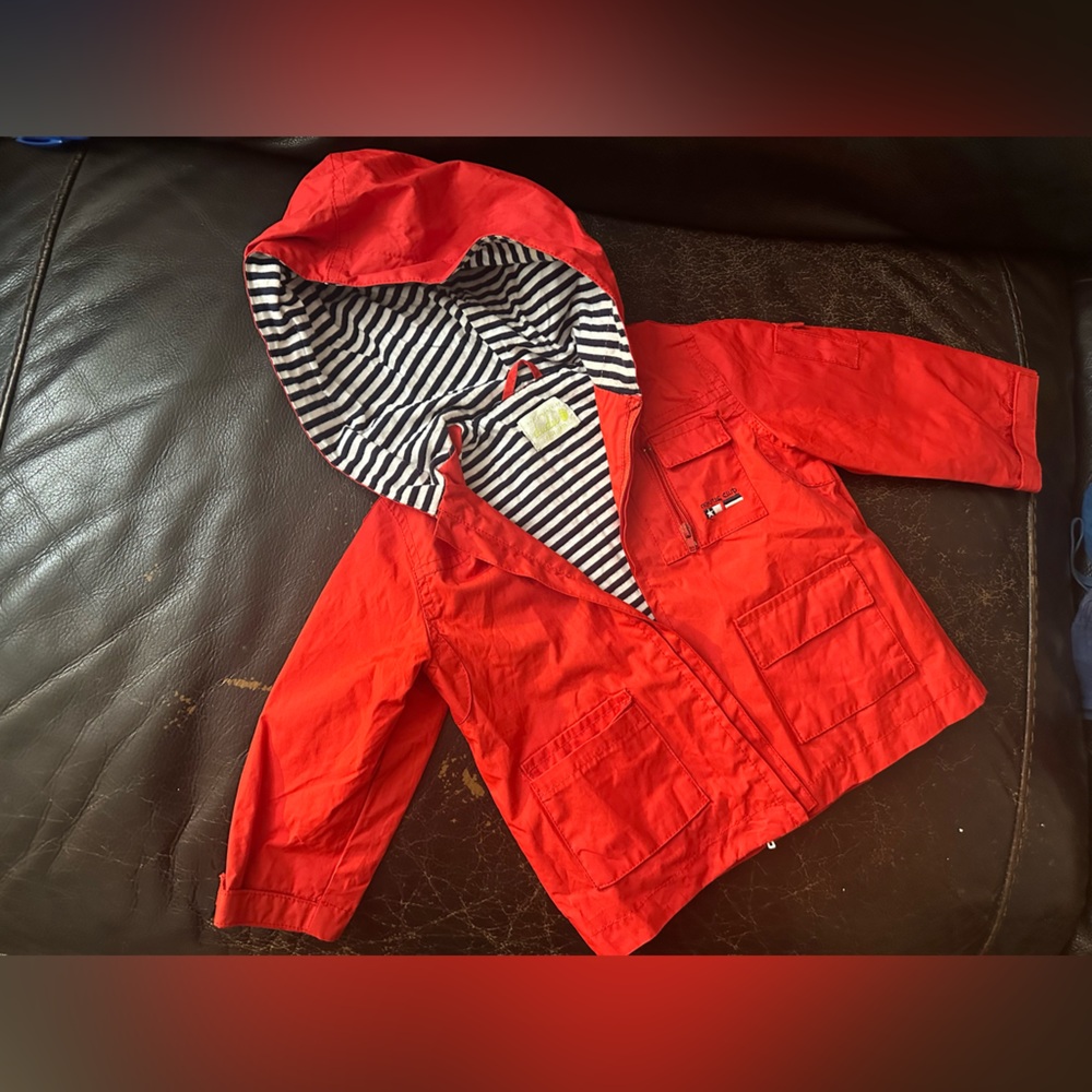 Vibrant Red Kids Raincoat with Striped Lining